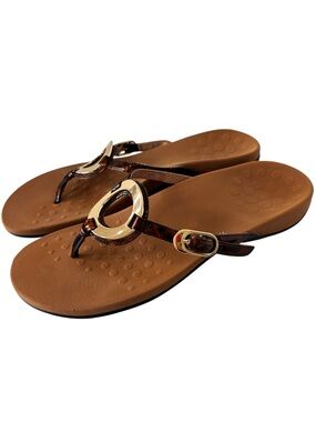 Vionic Karina Sandals Size 9 Brown Tortoise gold ring detailing Thong Flip Flop